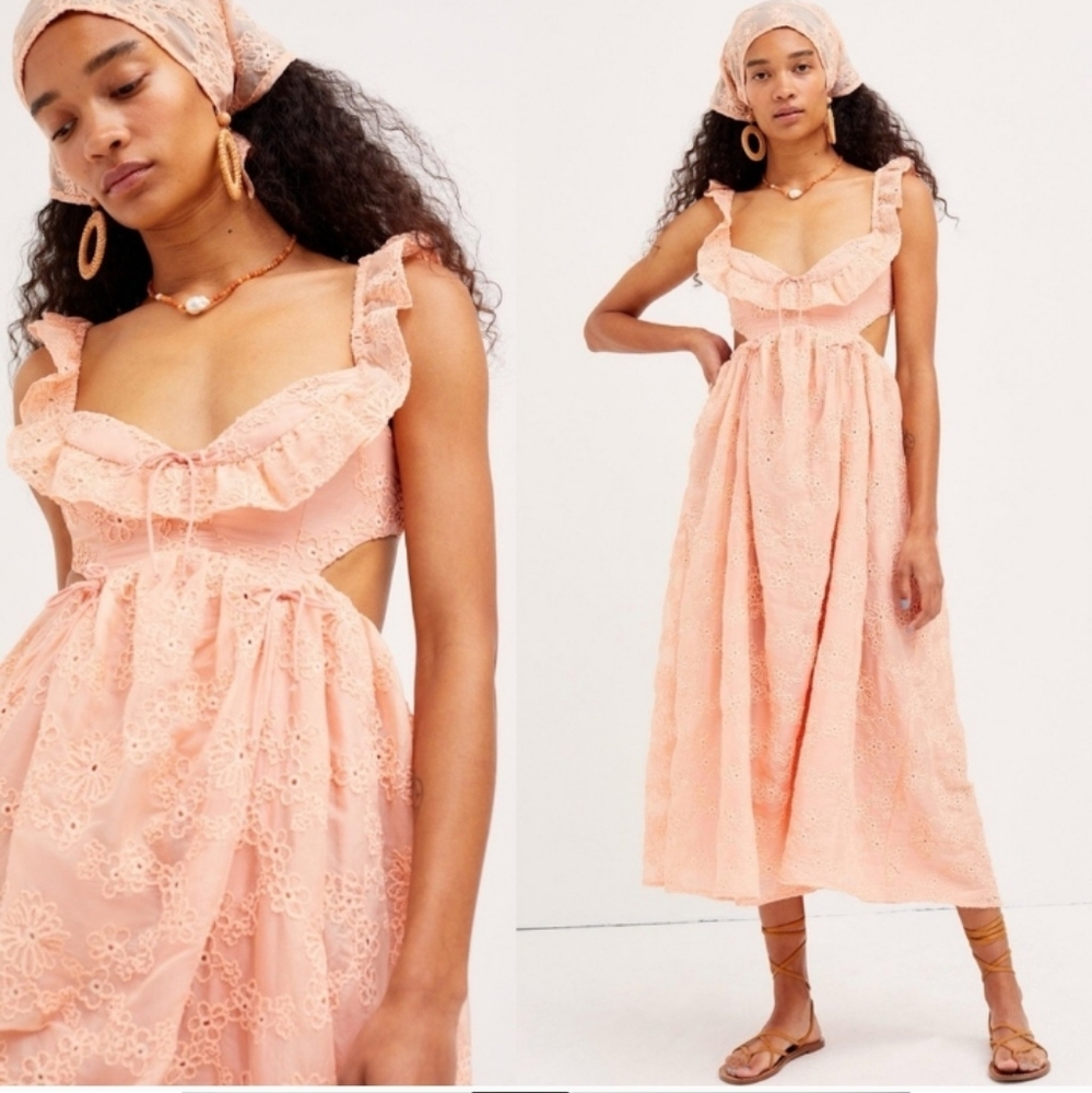 For Love & Lemons- Frances Cut Out Frill Light Coral Orange Midi Dress